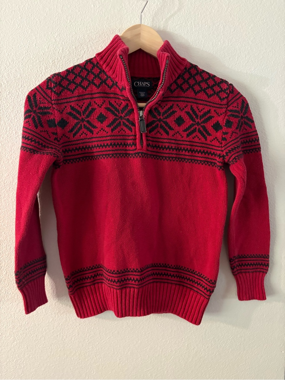 90s Cabincore Fair Isle Red and Black Half-Zip Kid’s Cotton Sweater M 10/12
